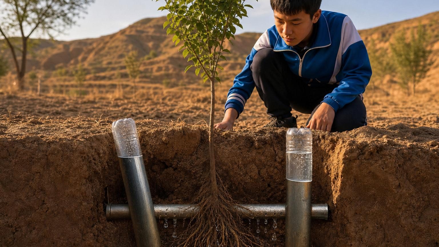Tubes en acier recouverts de bouteilles en plastique recyclées, partiellement enfouis près d'un jeune arbre dans un sol aride du nord de la Chine