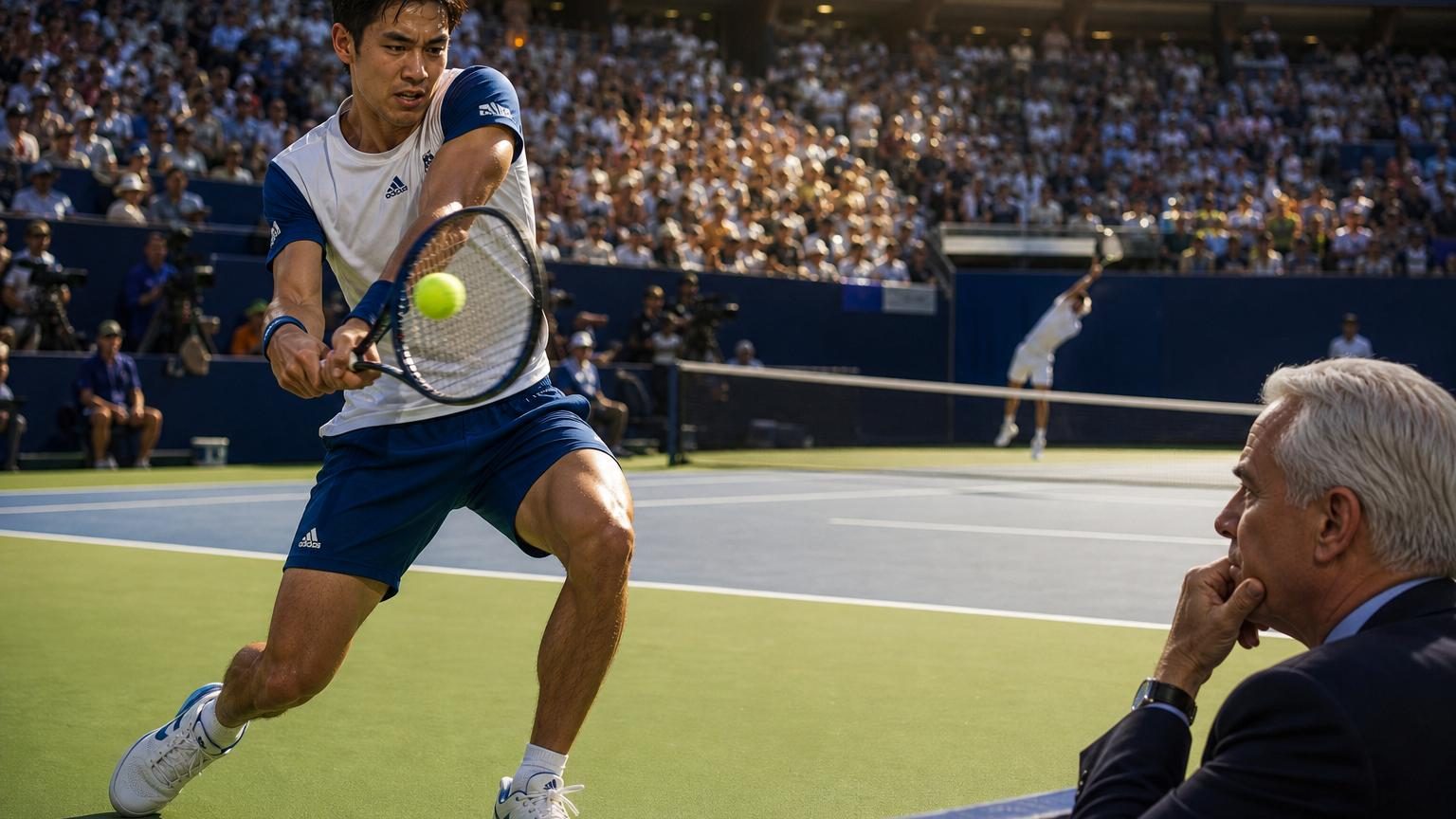 Learner Tien, jeune joueur de tennis américain gaucher, en action sur un court pendant un match professionnel, démontrant sa technique de jeu précise et sa mobilité.