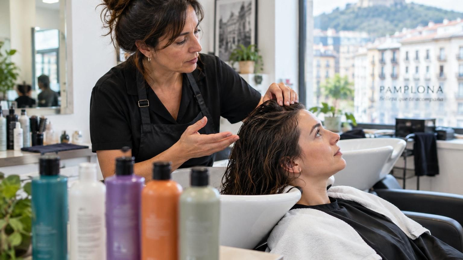 Coiffeur professionnel montrant différents flacons de shampooing adaptés aux saisons, avec cuir chevelu visible à la loupe montrant ses changements d'état.