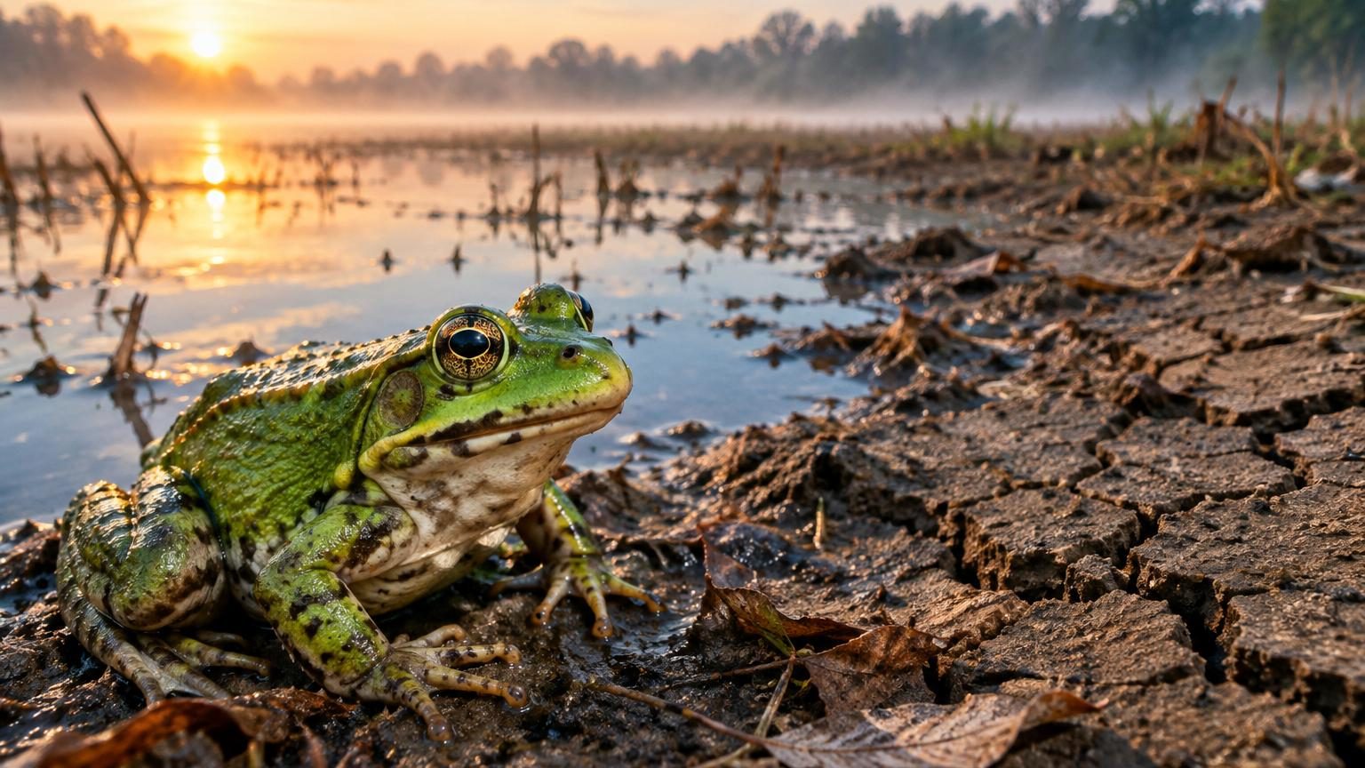 Une grenouille aux yeux proéminents et à la peau lisse, assise au bord d'une mare ou d'un étang, symbole de l'importance des amphibiens dans les écosystèmes