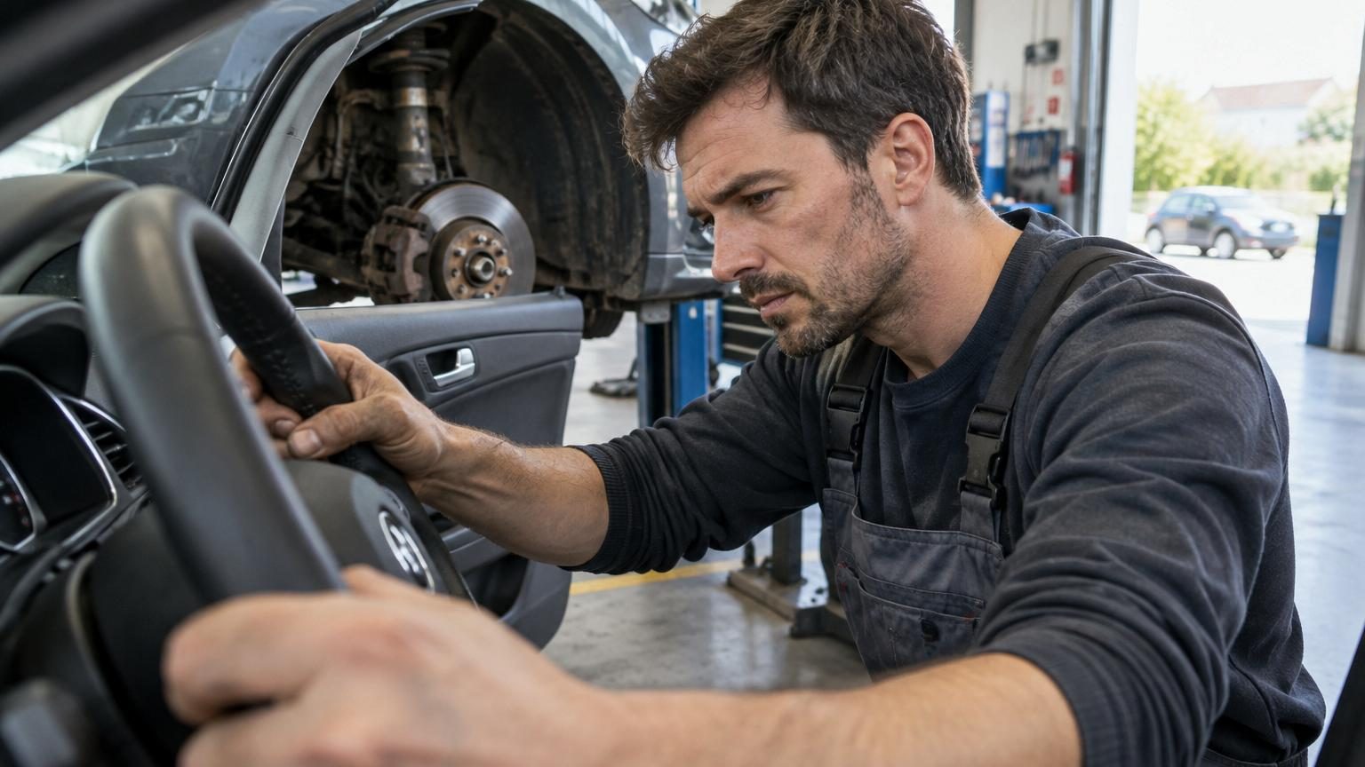 Gros plan sur les mains d'un mécanicien inspectant une roue de voiture en atelier, avec des outils de diagnostic en arrière-plan.
