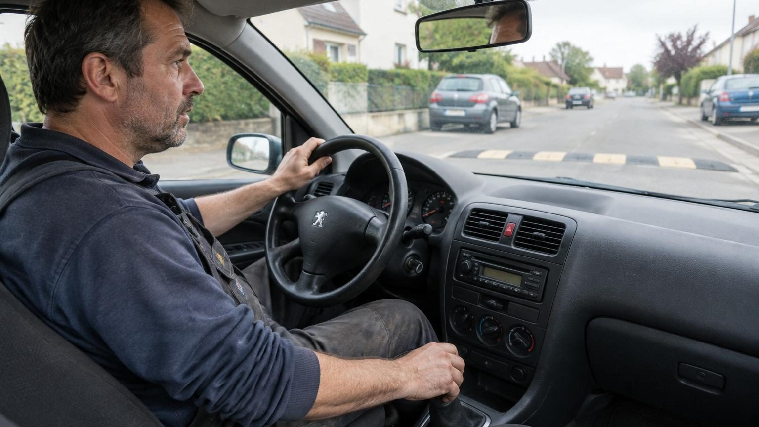 Un mécanicien aux mains noircies par l'huile observe une jeune femme au volant franchissant un ralentisseur, illustrant les conseils pour passer correctement sur les dos-d'âne sans endommager la voiture.