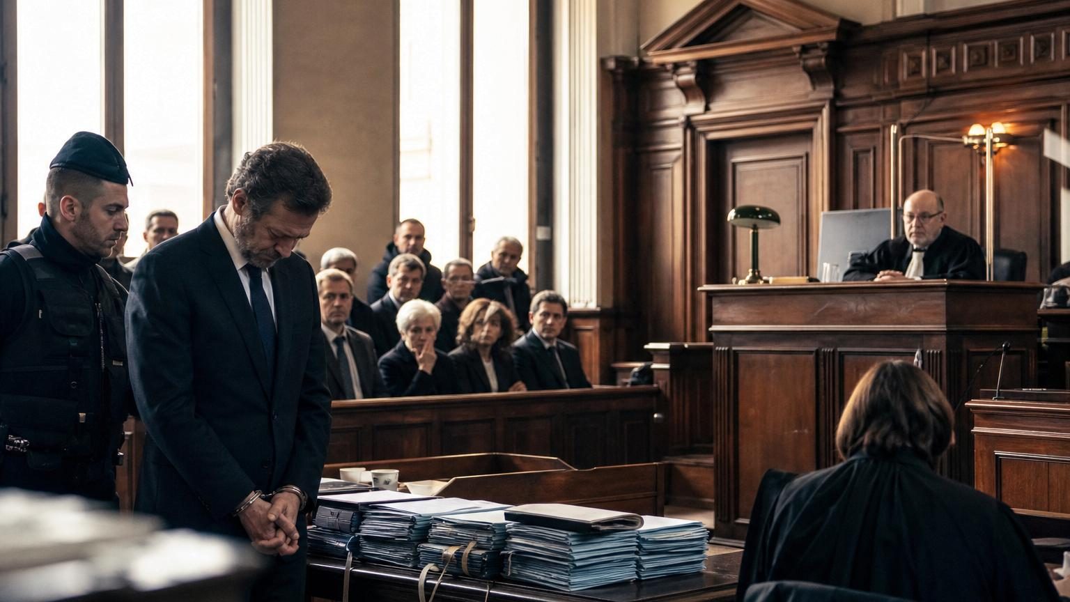 Salle d'audience avec un homme baissant les yeux après avoir entendu sa condamnation, tandis que des victimes assises derrière retiennent leur souffle.
