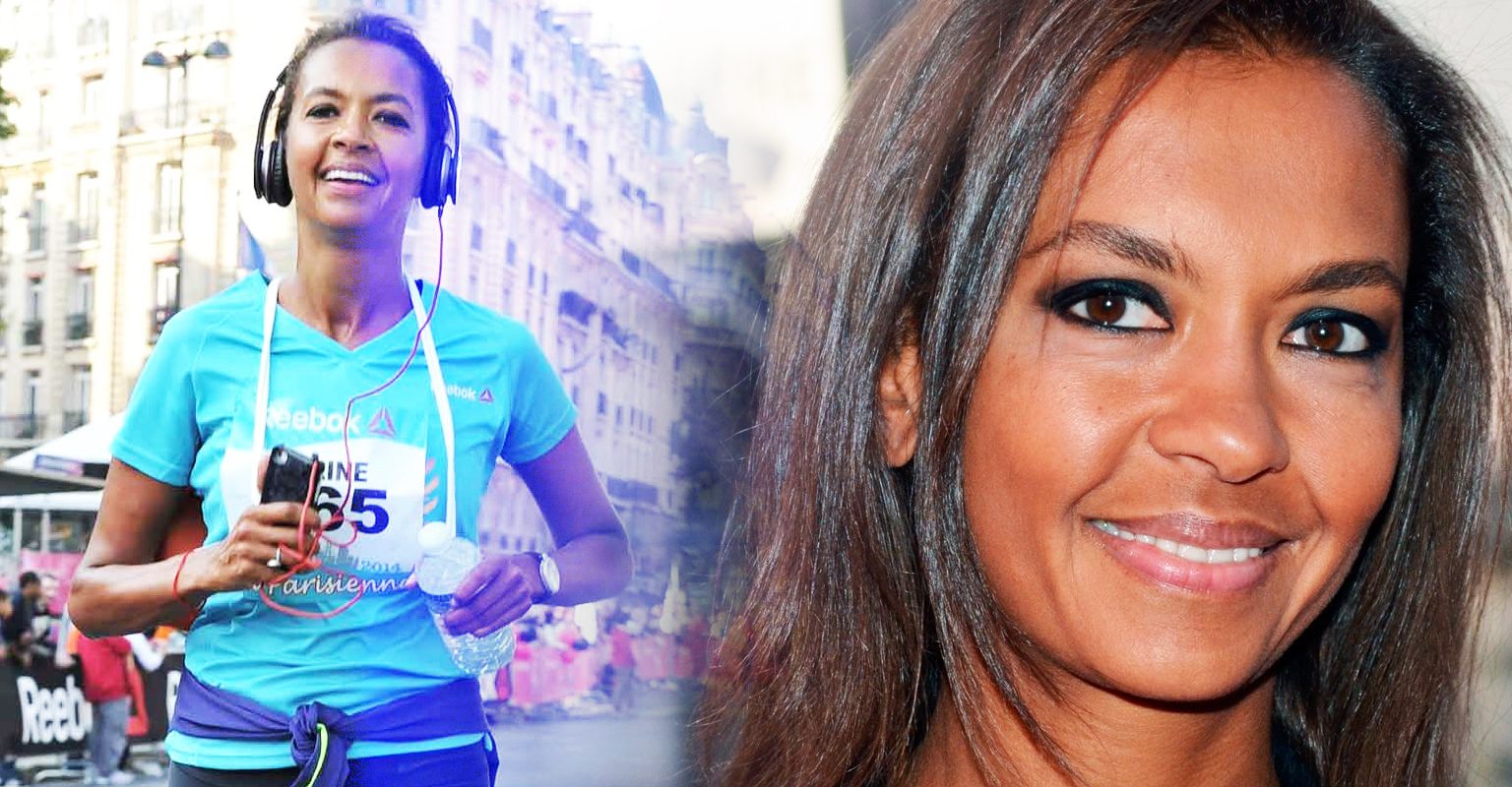Karine Le Marchand, présentatrice souriante en tenue de sport, courant sur une route rurale avec des paysages de campagne française en arrière-plan.