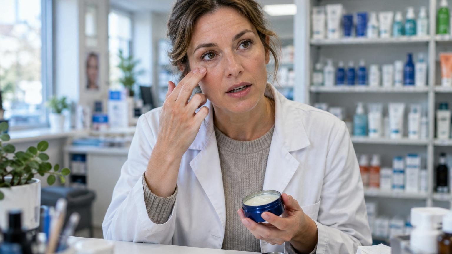 Illustration d'une boîte de crème Nivea bleue classique avec une main qui en applique une petite quantité sur le visage d'une femme, en évitant soigneusement la zone du contour des yeux.