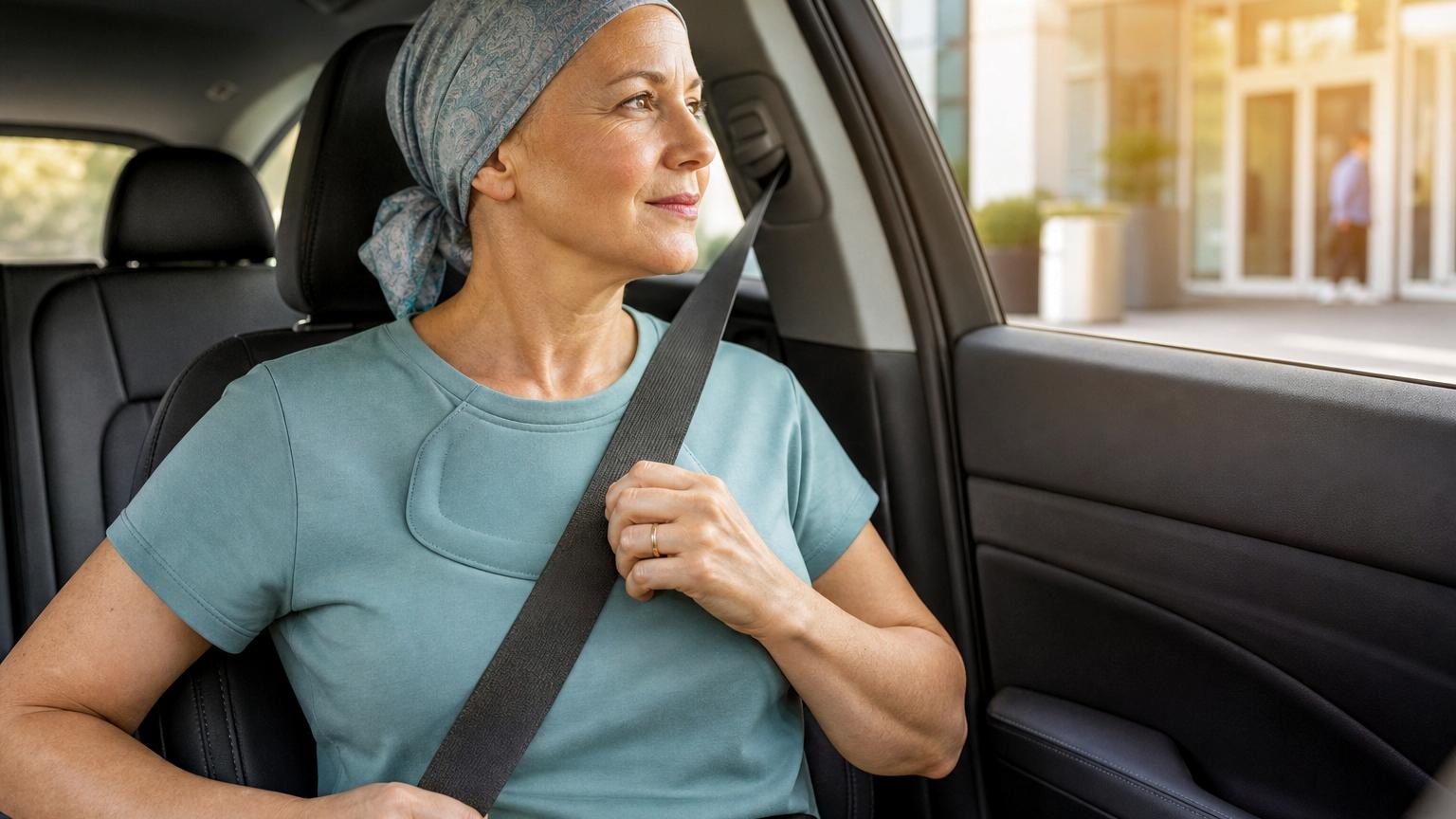 Patient porteur d'une chambre implantable assis dans une voiture, ceinture de sécurité correctement positionnée sur un t-shirt renforcé au niveau du thorax, sans grimace ni inconfort.