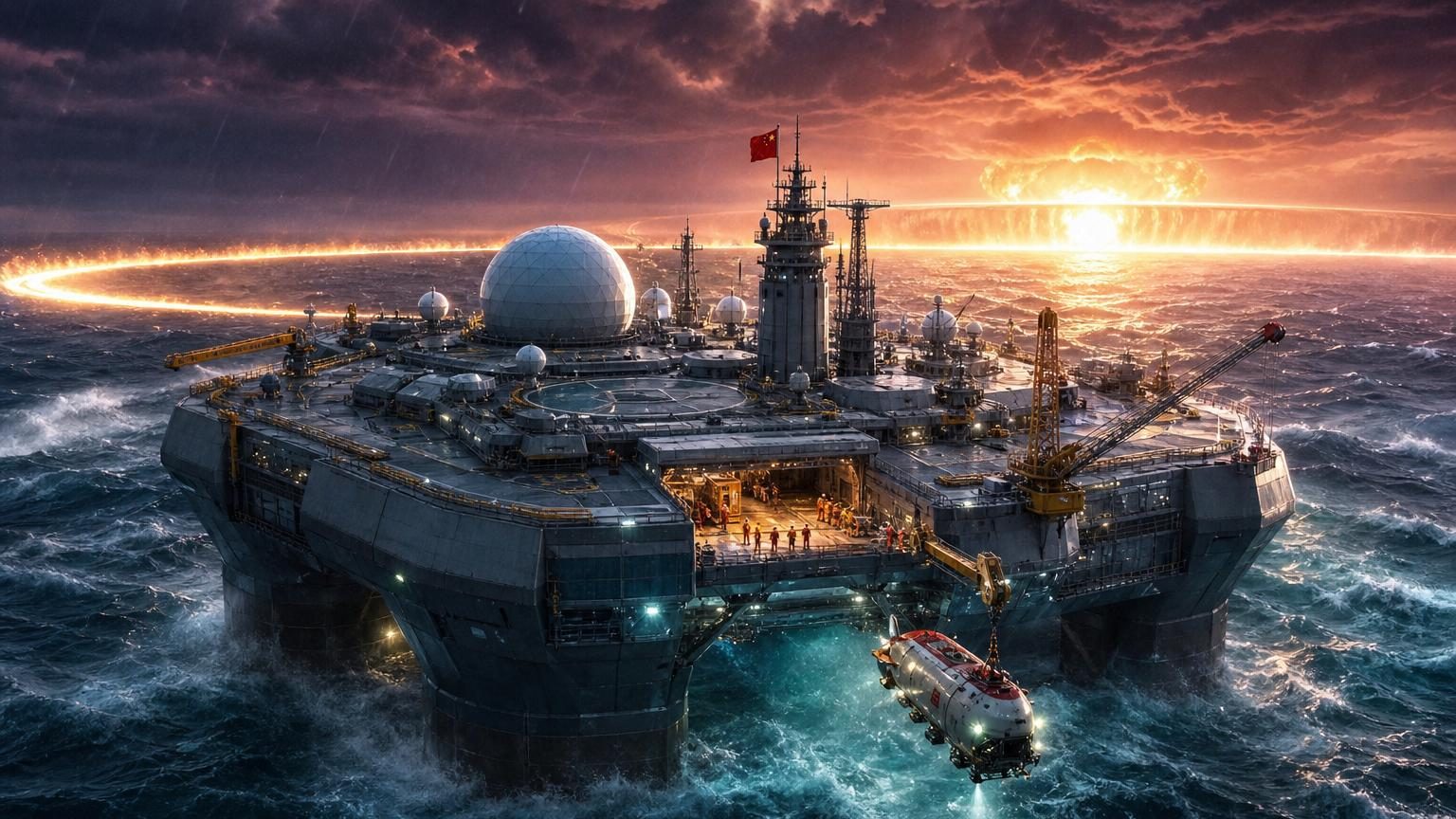 Illustration d'une vaste plateforme semi-submersible flottante en mer, avec pont supérieur et structures de laboratoires visibles au-dessus de la ligne de flottaison.
