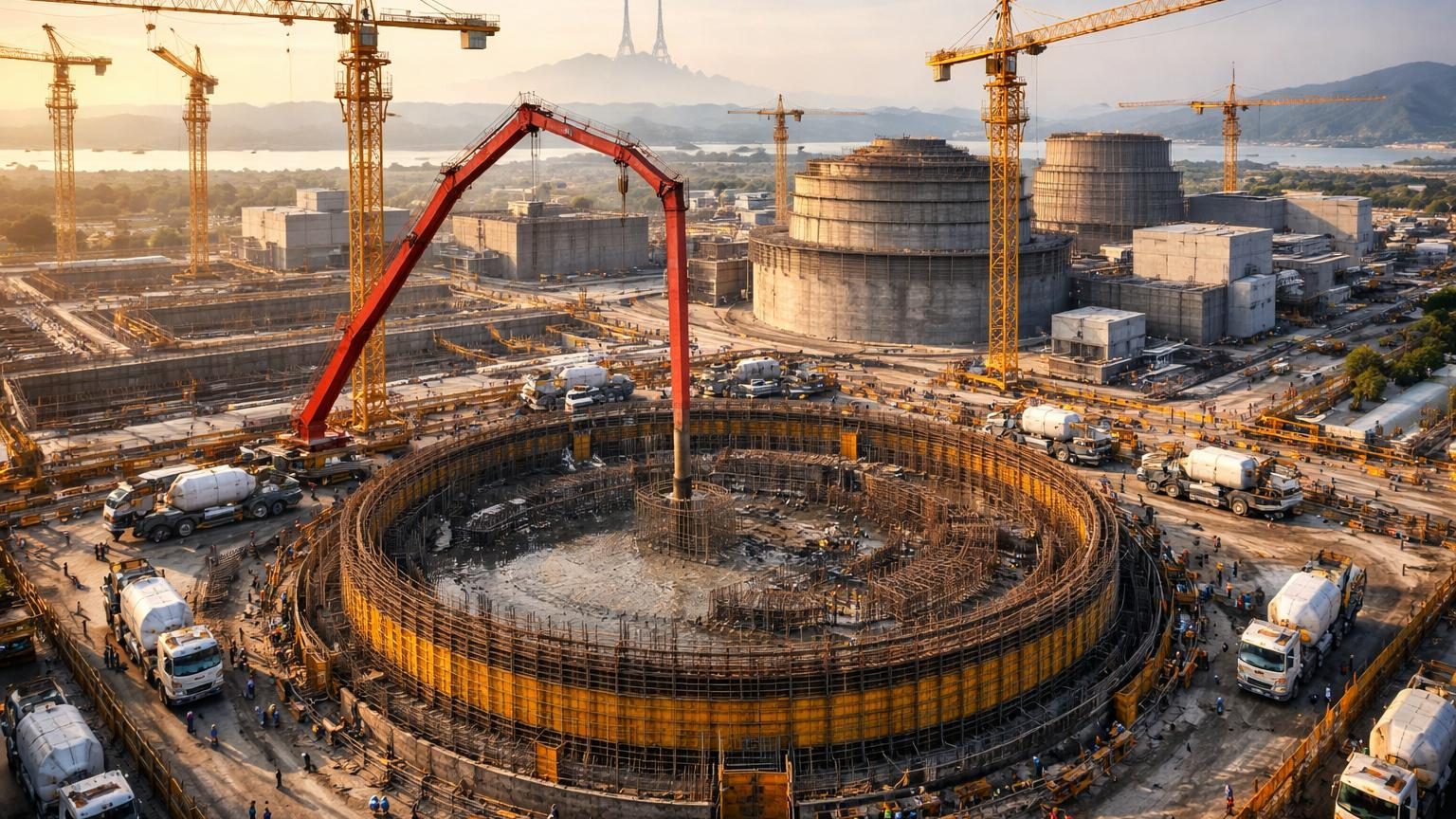 Chantier de construction massif du réacteur nucléaire 2 de Zhaoyuan en Chine avec grues géantes et structures de béton armé en cours de coulage.