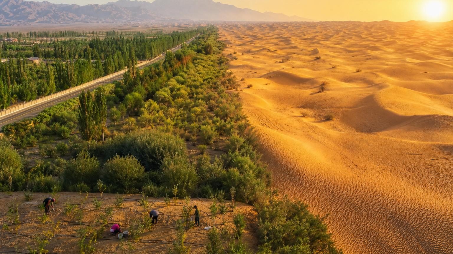 Rangées d'arbres et d'arbustes formant une barrière verte en bordure des dunes de sable fin du désert du Taklamakan, avec des routes protégées par la végétation.