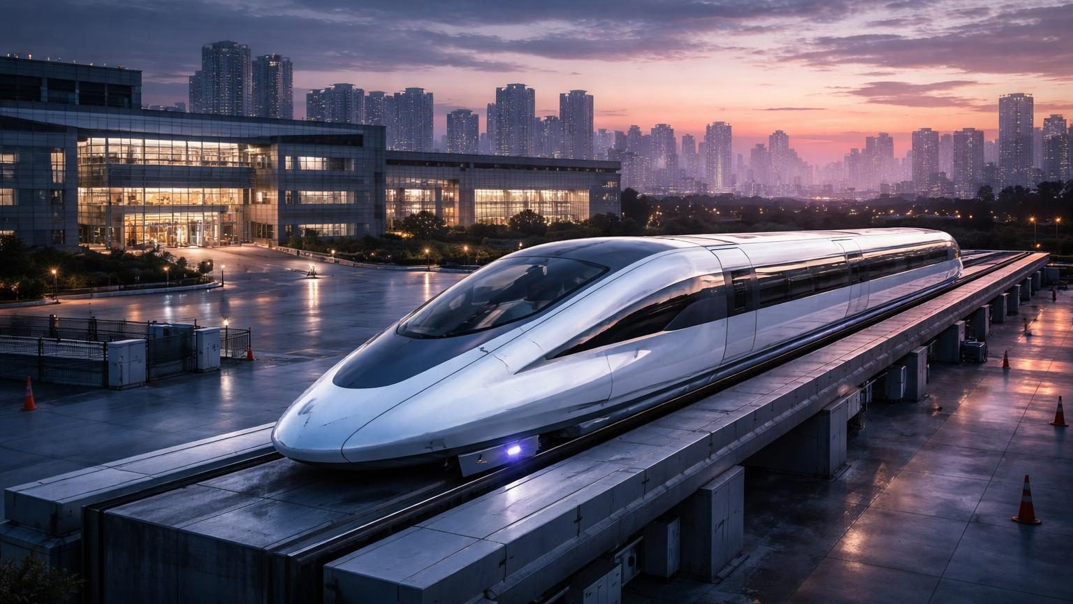 Train à sustentation magnétique CRRC 600 de couleur blanche et argent, exposé dans une usine ou un salon, représentant le prototype grandeur nature jamais testé à pleine vitesse.