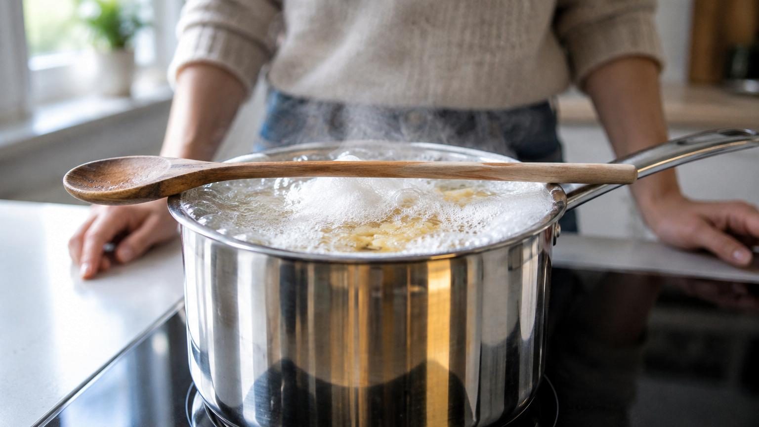 Une cuillère en bois posée en travers d'une casserole remplie d'eau bouillonnante et de mousse, illustrant la technique pour éviter le débordement.