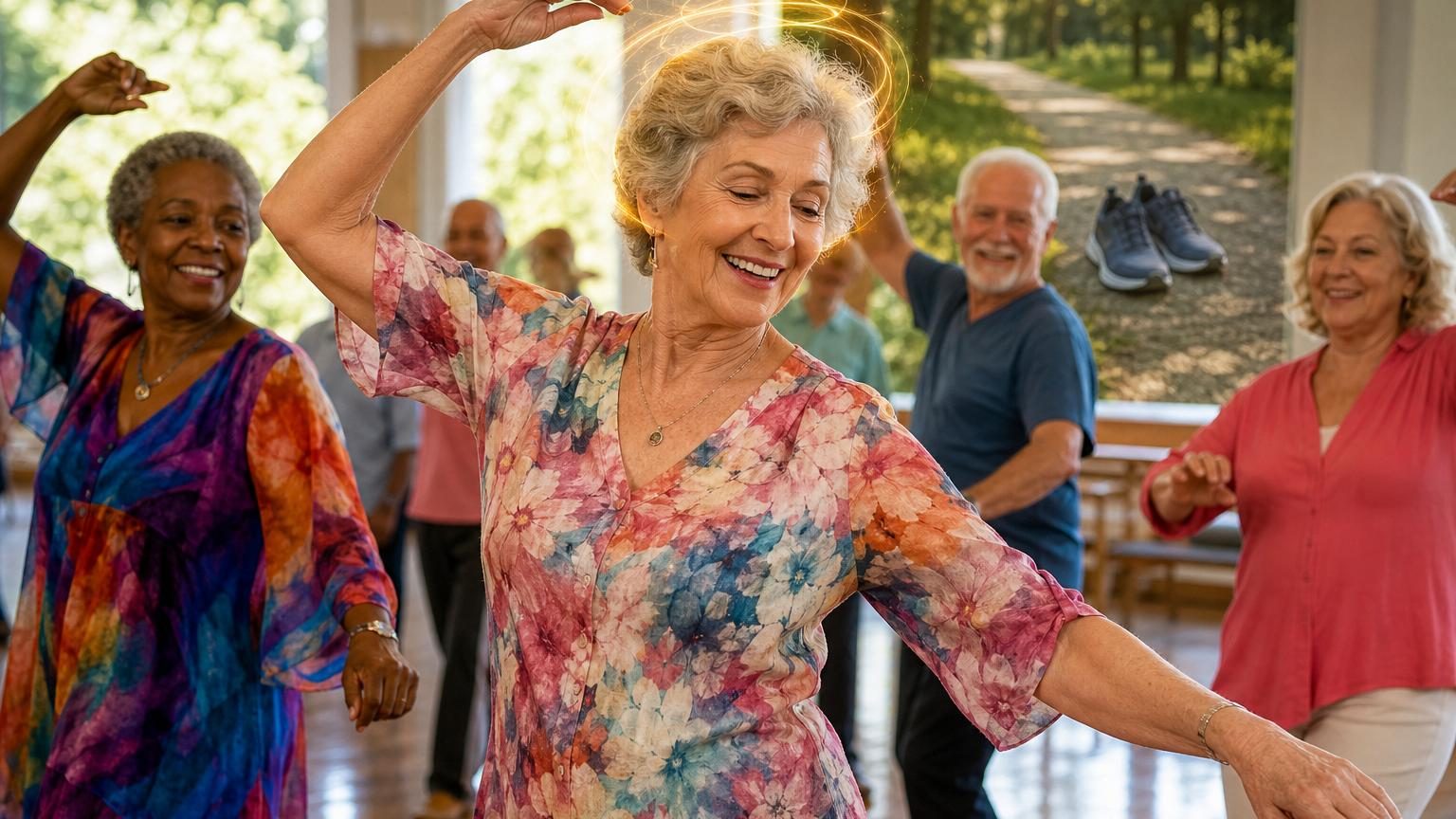 Une femme de 72 ans dans une salle municipale apprend les pas de danse avec d'autres seniors, souriant malgré les petites erreurs de coordin