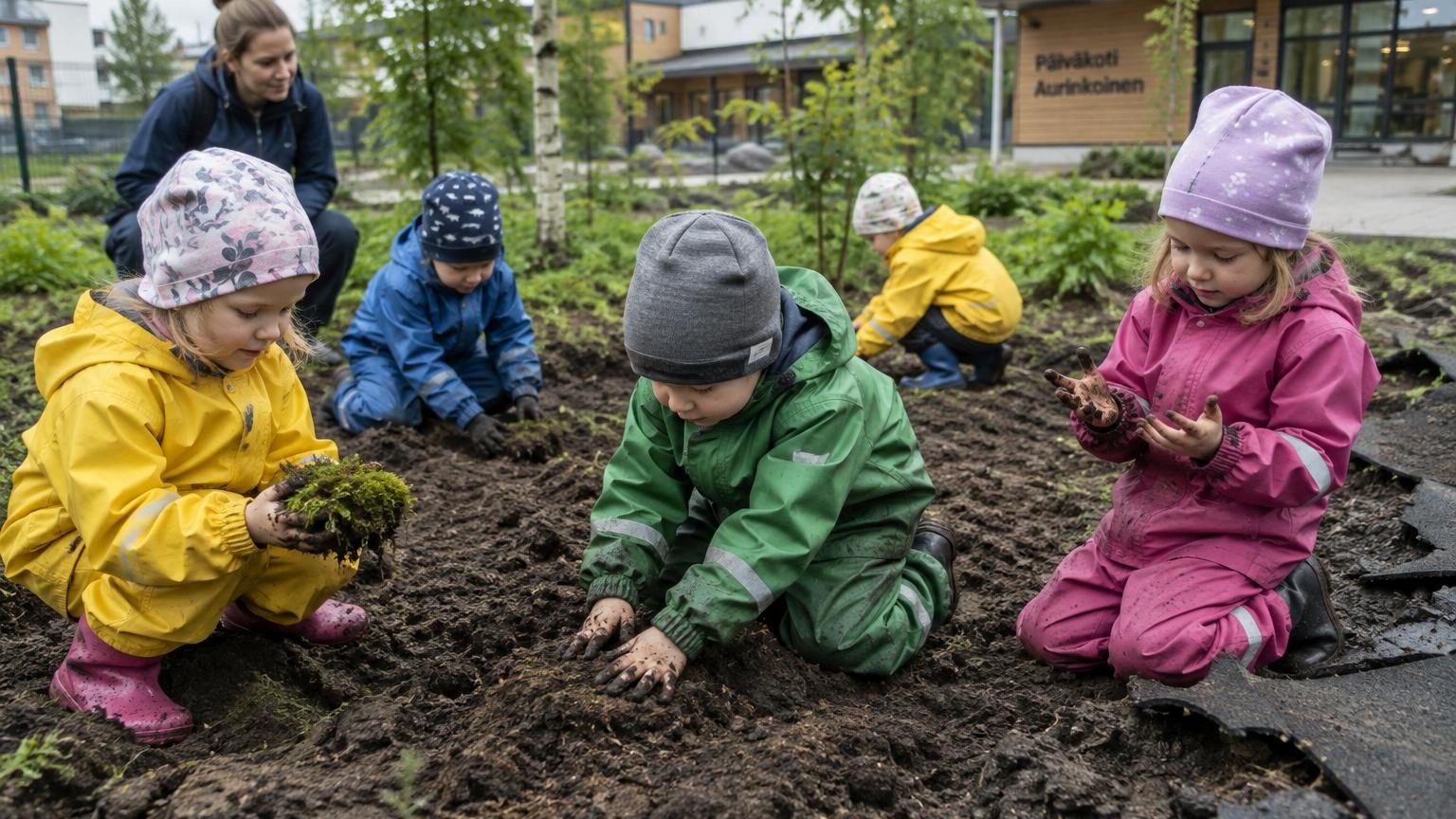 Enfants en tenue d'extérieur jouant dans une aire de jeu naturelle avec terre, plantes et végétation, au lieu de surfaces en caoutchouc ou plastique.