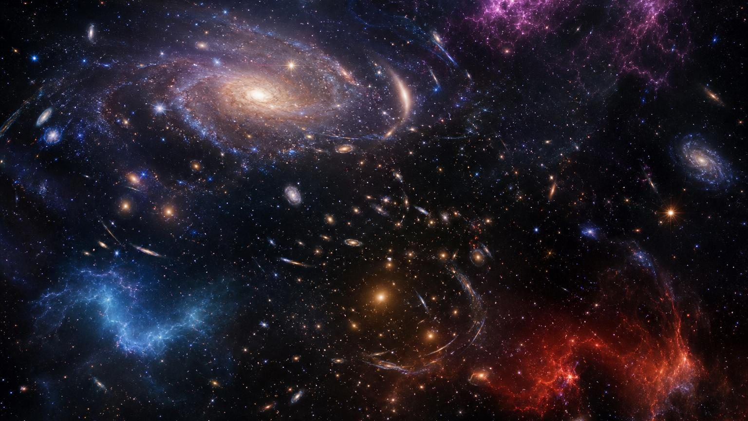 Représentation schématique de galaxies espacées par des milliards d'années-lumière dans l'univers en expansion cosmique