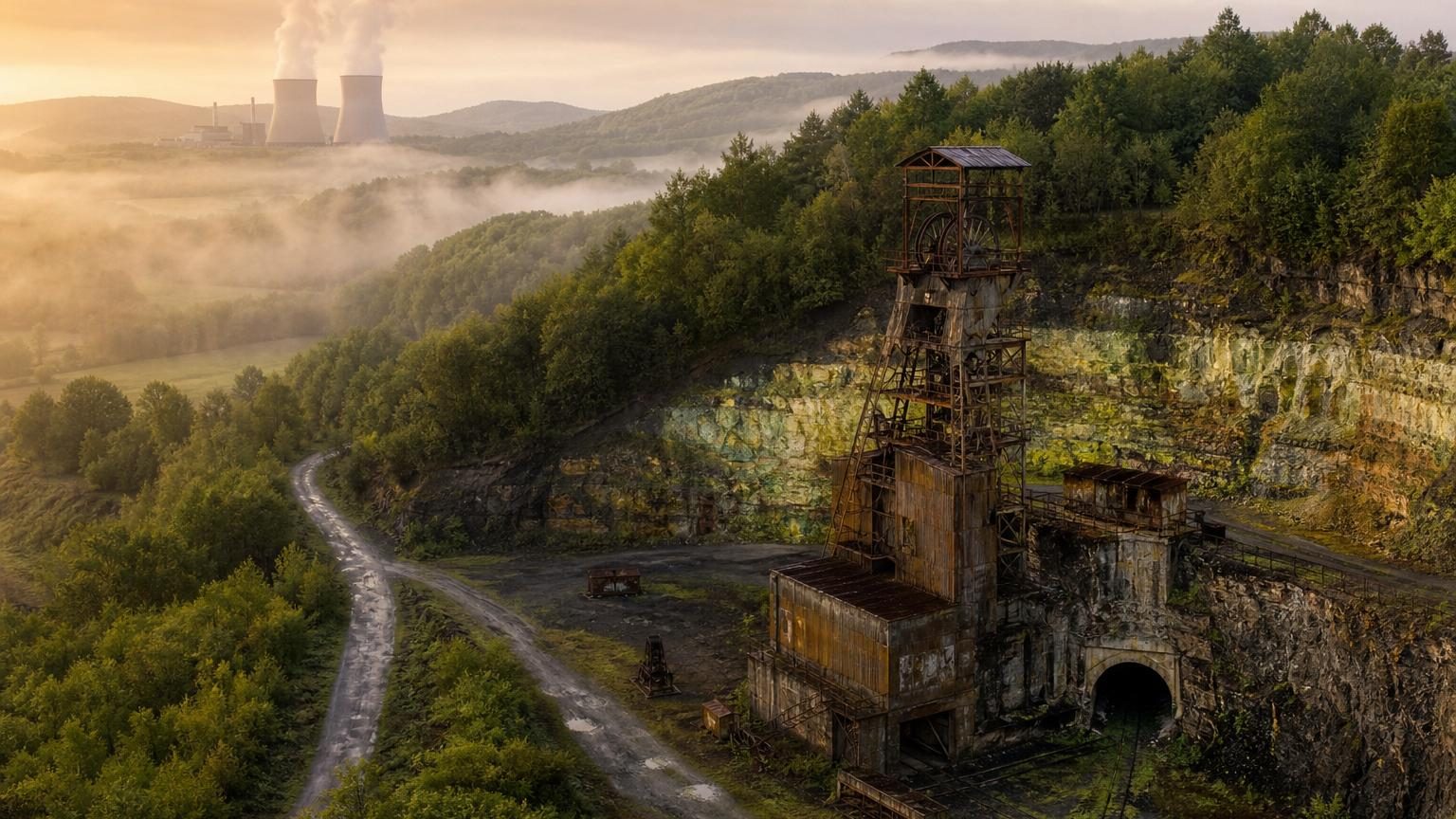 Forêt de Limousin avec ancien panneau minier rouillé à moitié effacé par la pluie, symbolisant l'héritage minier abandonné du territoire français