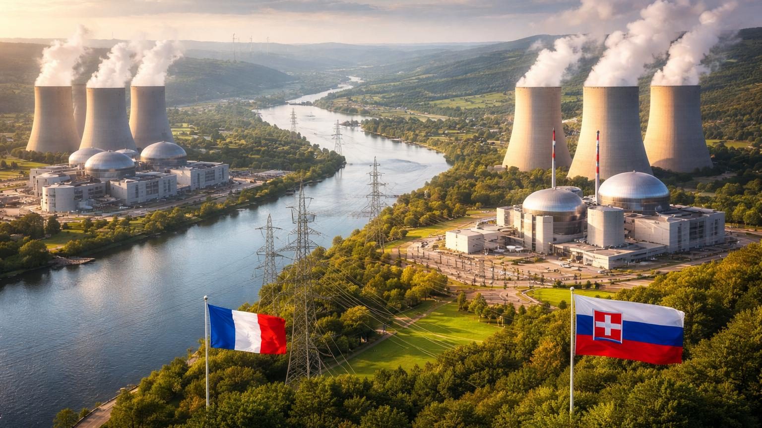 Réacteur nucléaire slovaque avec tours de refroidissement, symbole du leadership énergétique européen en électricité d'origine nucléaire.