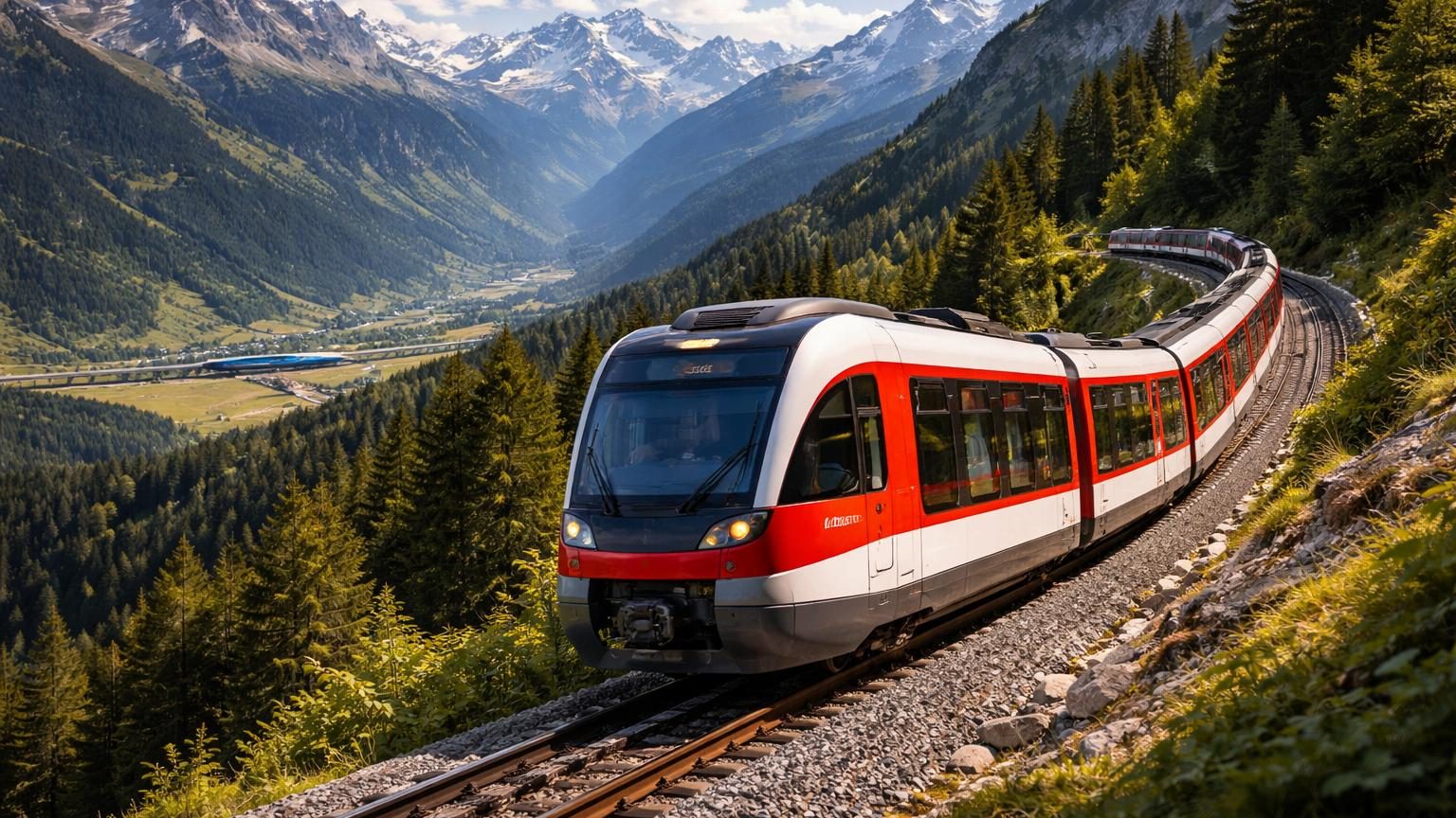 Train articulé rouge et blanc FINK de Stadler en gare de montagne suisse, symbolisant la domination du constructeur helvétique sur les trains à crémaillère alpins face aux géants Alstom et Siemens.