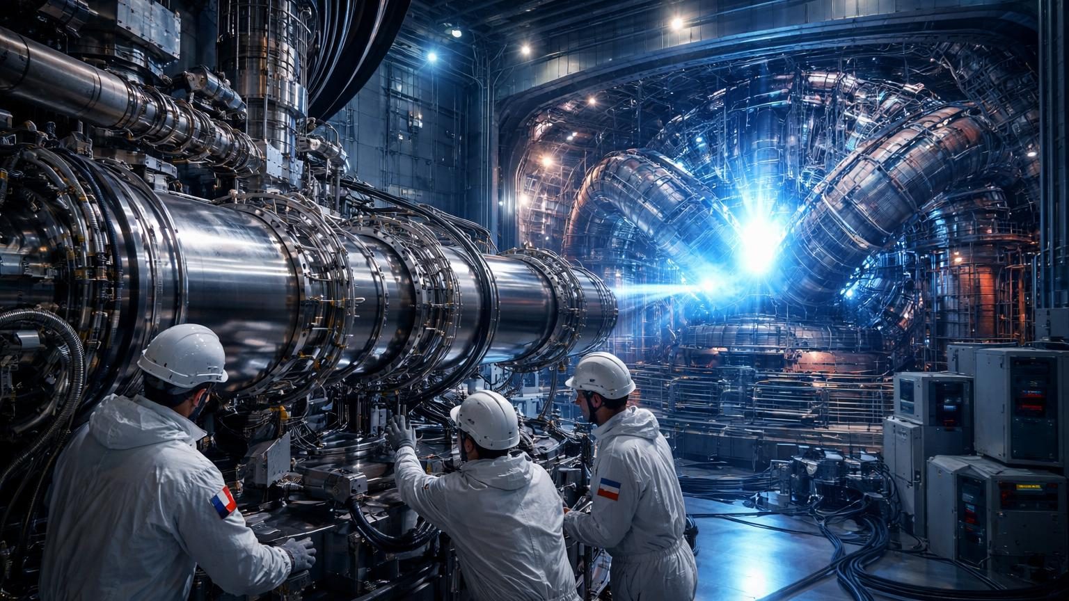 Schéma technique du gyrotron français Thales émettant un puissant faisceau de micro-ondes vers la chambre de confinement du réacteur Wendelstein 7-X.