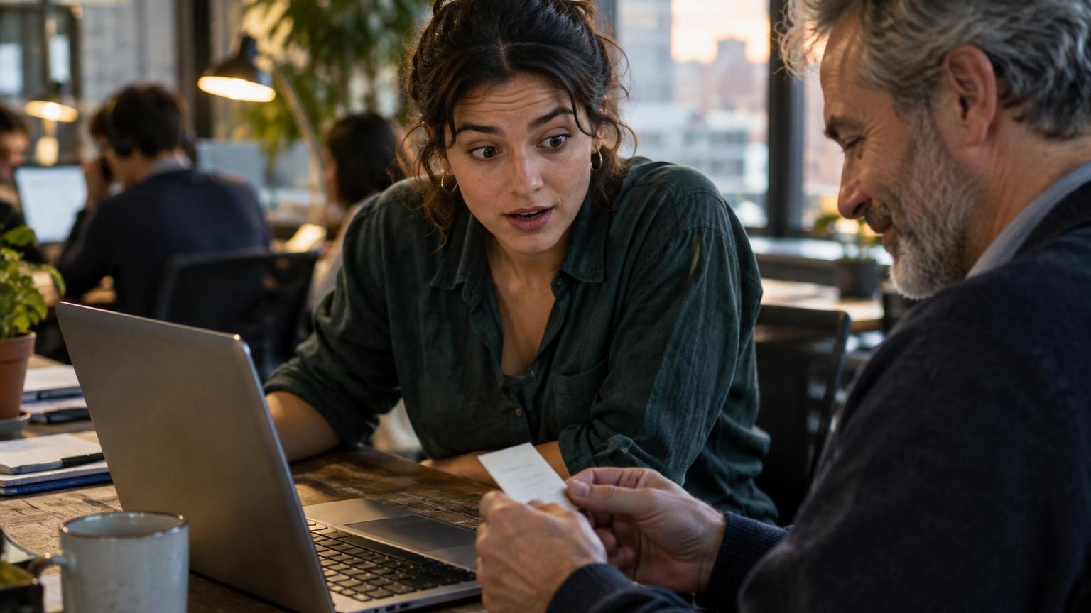 Jeune femme regardant son écran d'ordinateur avec surprise, tenant un téléphone, symbolisant la découverte d'une ancienne adresse e-mail d'un collègue plus âgé.