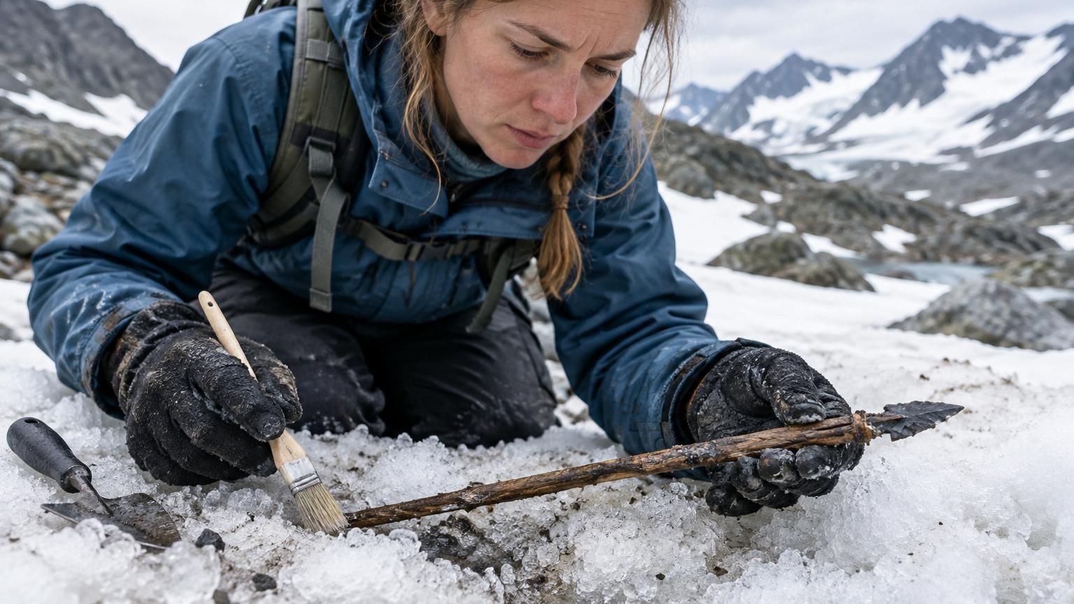 Artefacts préhistoriques découverts en Norvège incluant des flèches en ardoise et en os datant de millénaires, préservés par la fonte des glaces du Jotunheimen.