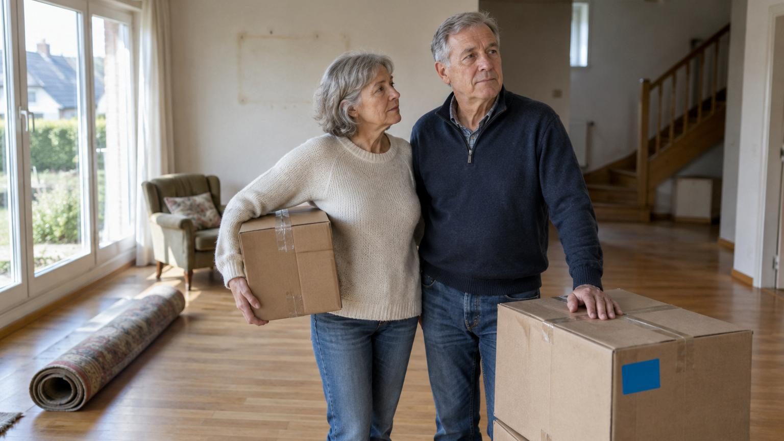 Un couple de retraités observant les portes closes de chambres vides dans leur grande maison, puis souriant dans leur nouvel appartement lumineux et adapté à leur vie actuelle.