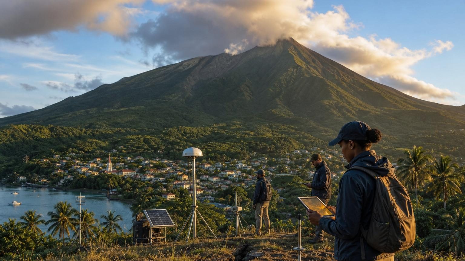 Vue de la silhouette massive de la montagne Pelée découpant le ciel au-dessus de Saint-Pierre, Martinique, par un matin calme.