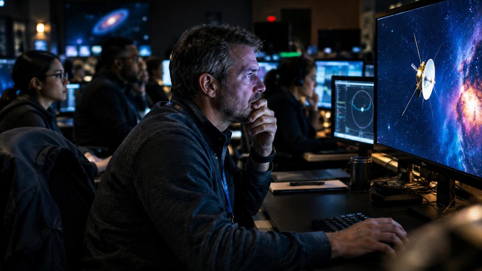 Centre de contrôle de la NASA avec ingénieurs observant des données clignotantes, symbolisant le rallumage des propulseurs de Voyager 1 depuis la Terre vers l'espace interstellaire lointain.