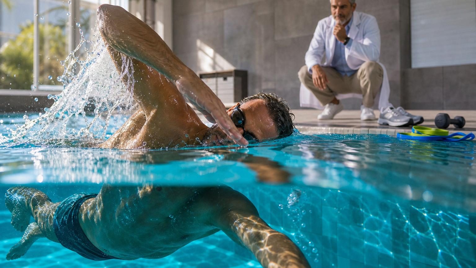 Nageur en crawl dans une piscine couverte, encadrant sa tête dans l'eau, illustration du mouvement fluide et équilibré de la natation en bassin.