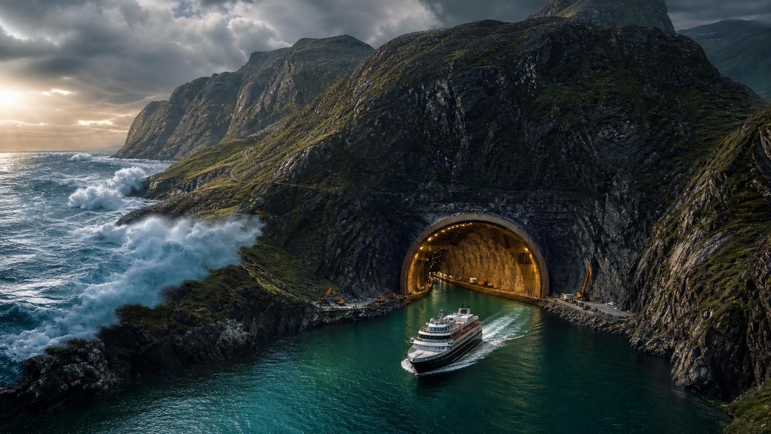 Vue d'artiste d'un tunnel maritime excavé sous une montagne rocheuse côtière norvégienne, avec un navire traversant l'intérieur éclairé du passage souterrain.
