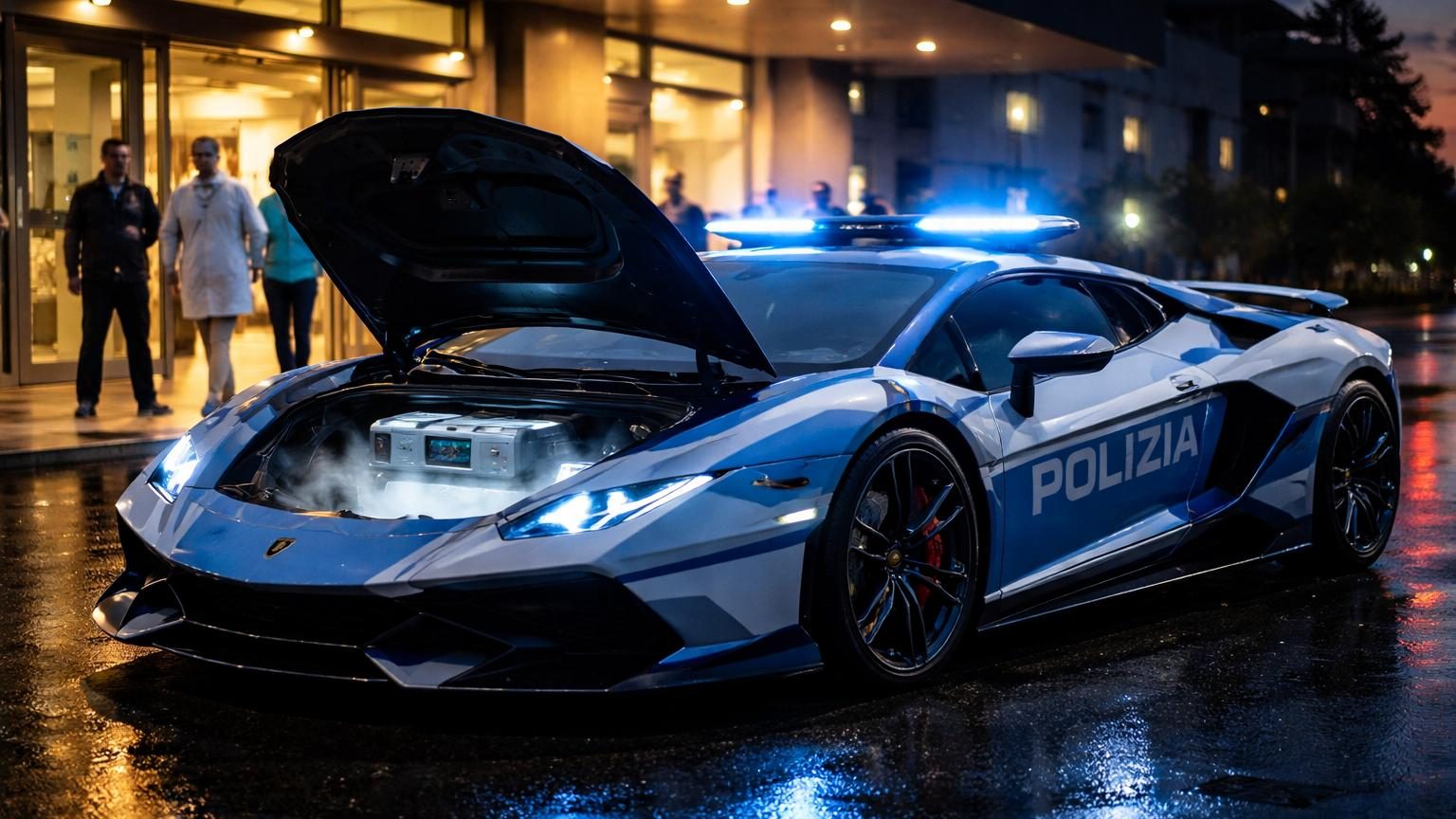 Une Lamborghini Temerario aux couleurs de la police italienne, équipée d'un gyrophare bleu, symbolisant son rôle de véhicule d'urgence médicale pour le transport d'organes.