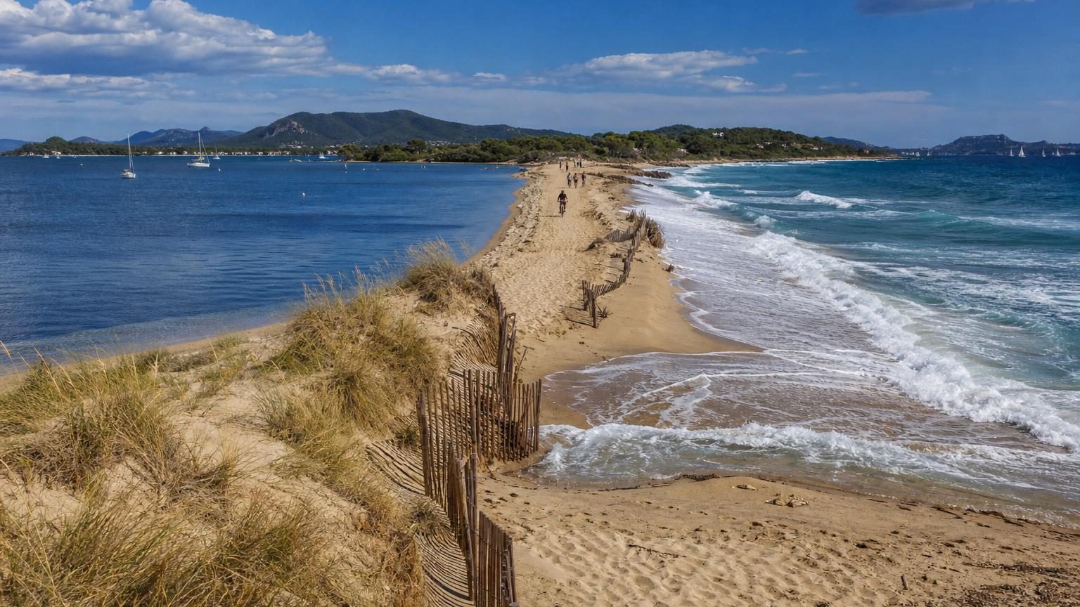Paysage côtier de la presqu'île de Giens avec ses deux bandes sableuses reliant l'île rocheuse au continent sous un ciel méditerranéen, agitées par le vent et les vagues.