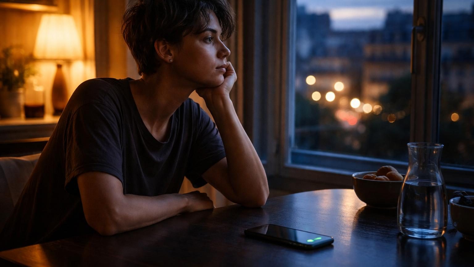 Une personne assise face à un écran lumineux dans la pénombre, tenant un smartphone, symbolisant la dépendance numérique face à l'incertitude.