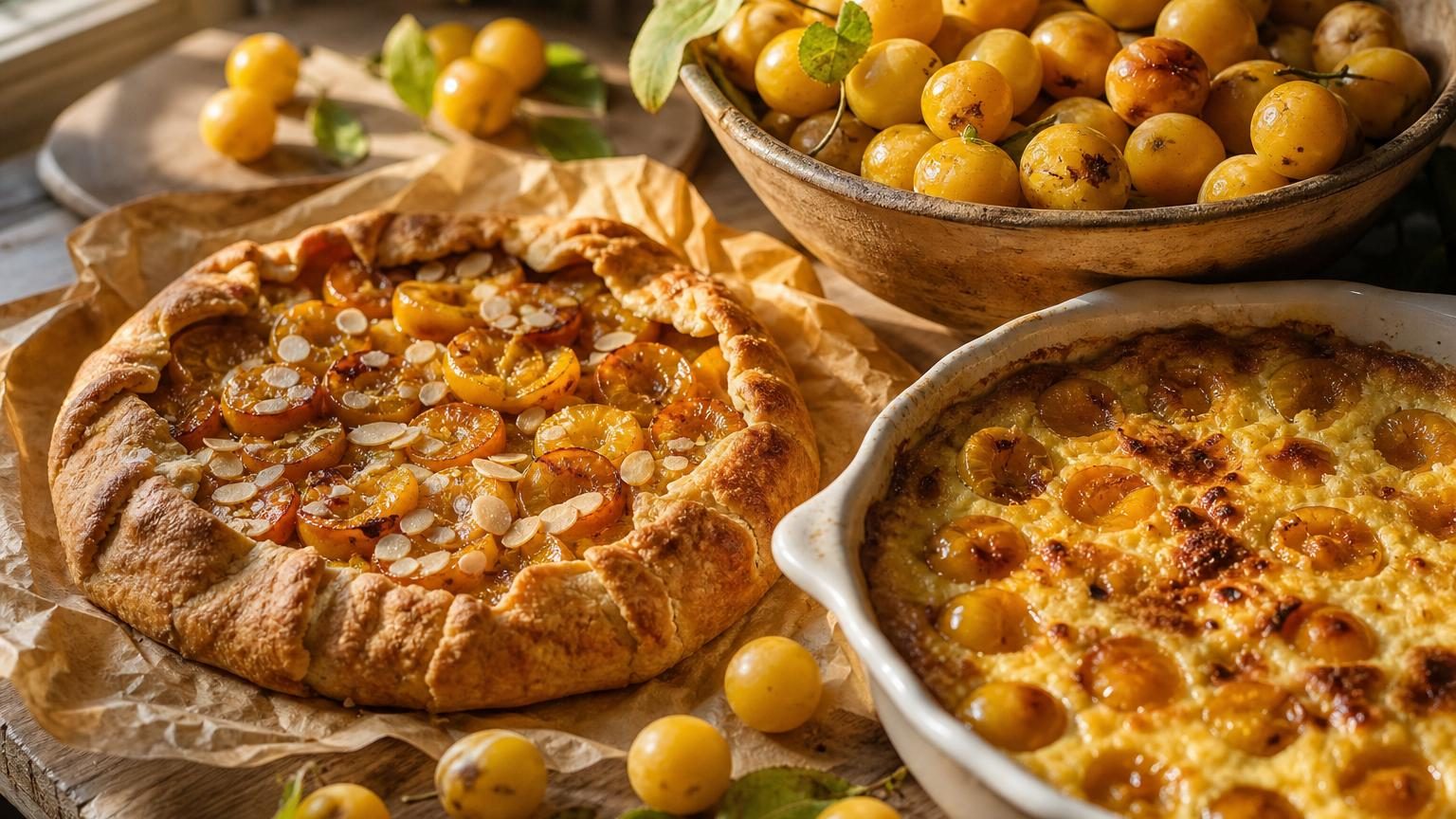Mirabelles dorées et tendres dans un saladier sur un plan de travail, quelques-unes avec des taches brunes indiquant leur maturité avancée.