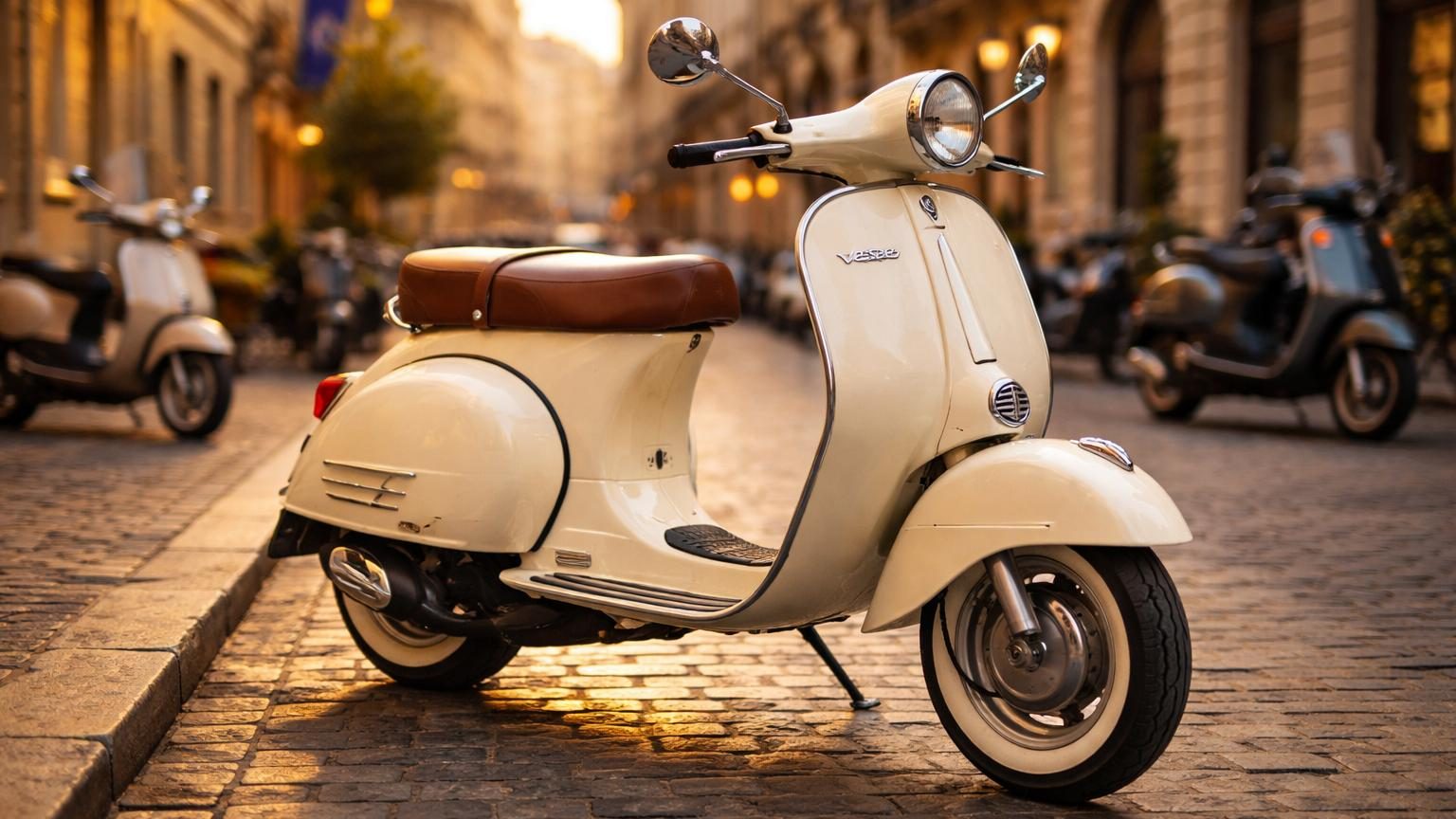 Vue de profil d'un scooter Vespa rouge classique, symbole du design italien, avec son carénage monobloc caractéristique et son phare arrondi proéminent.