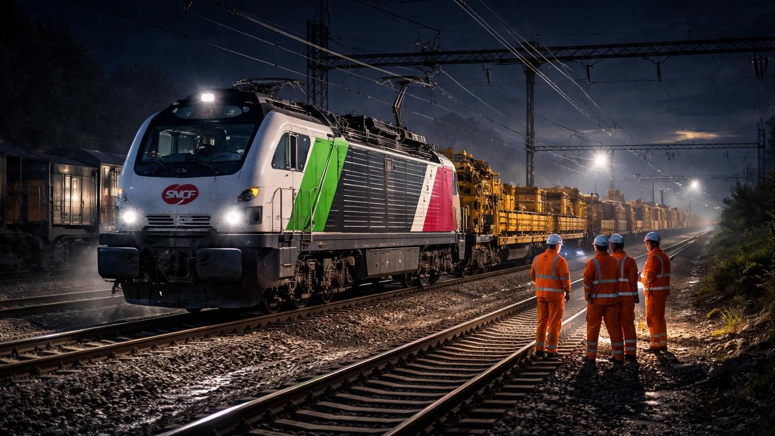 Locomotive hybride moderne tractant un convoi de travaux de maintenance ferroviaire de nuit sur les rails français