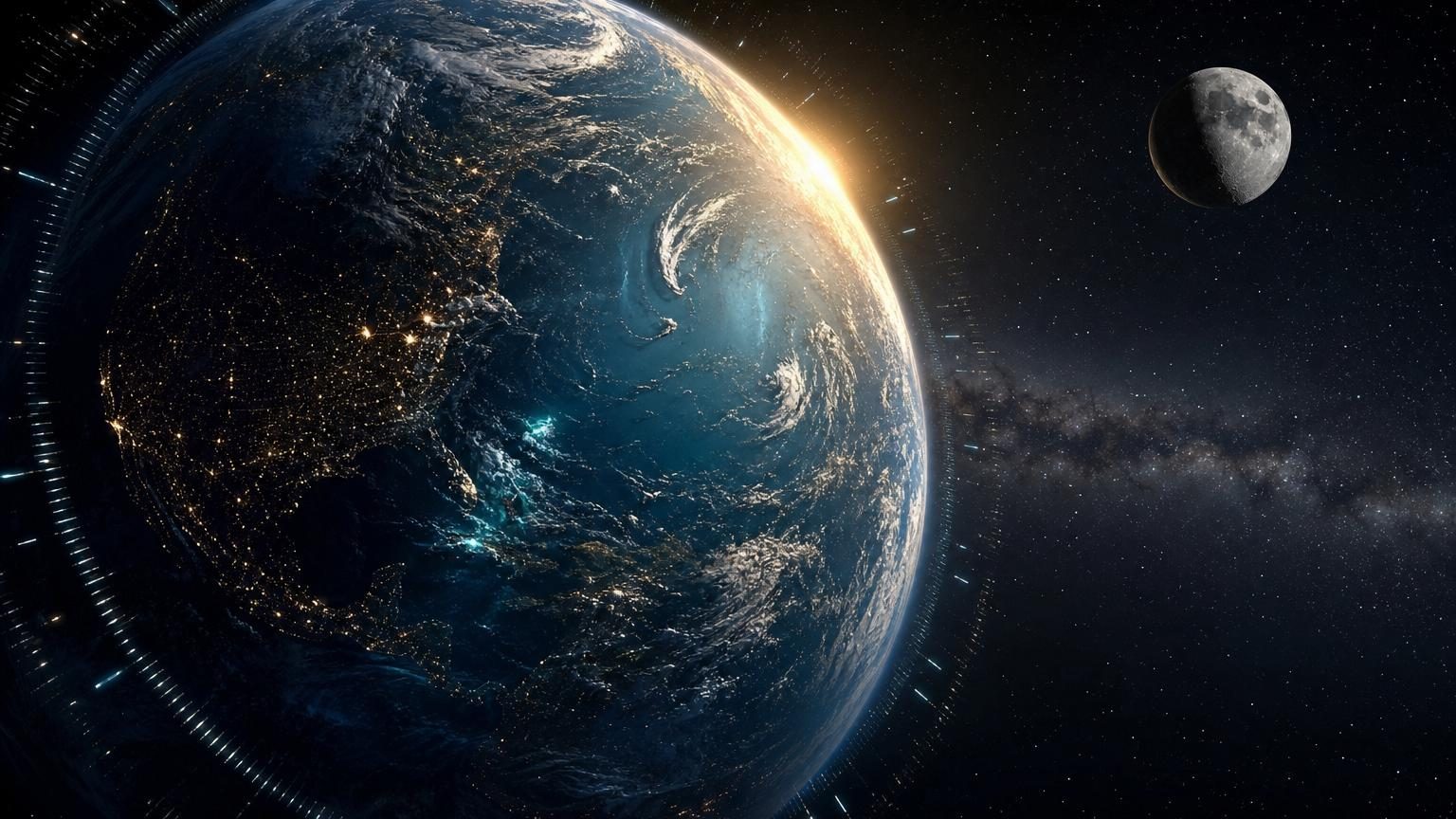Vue de l'espace montrant la Terre et la Lune, avec des flèches illustrant l'attraction gravitationnelle, les marées océaniques et le transfert d'énergie entre les deux astres.