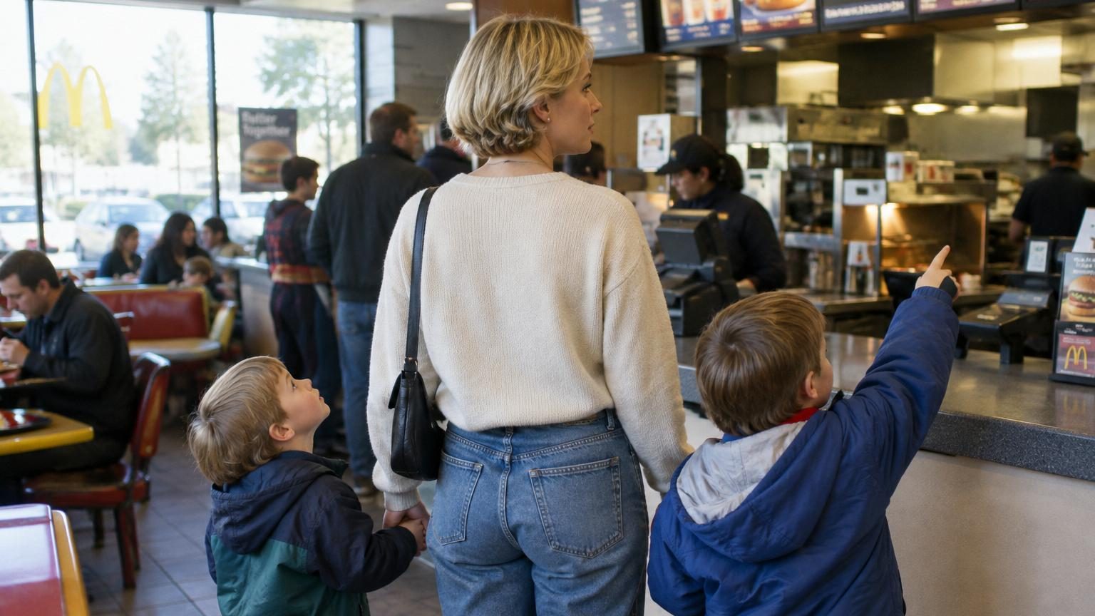 Lady Diana assise aux côtés de ses fils William et Harry dans un McDonald's, partageant un repas familial décontracté autour de plateaux avec boîtes de Happy Meal, illustrant sa volonté de leur offrir une enfance ordinaire loin du protocole royal.