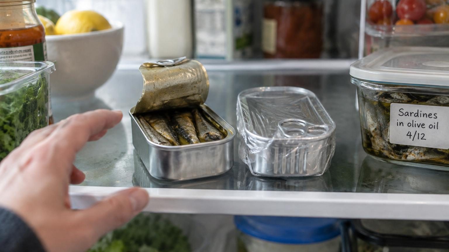 Boîte de sardines entamée avec le couvercle replié, posée dans un réfrigérateur ouvert montrant la température affichée.
