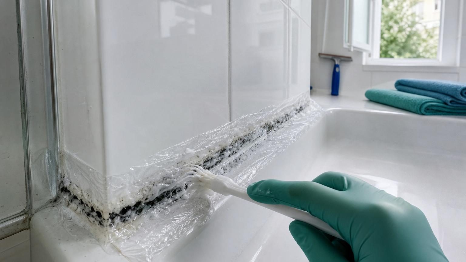 Vue rapprochée d'une bordure de douche noircie par la moisissure, avec un pinceau appliquant une crème claire sur le silicone.