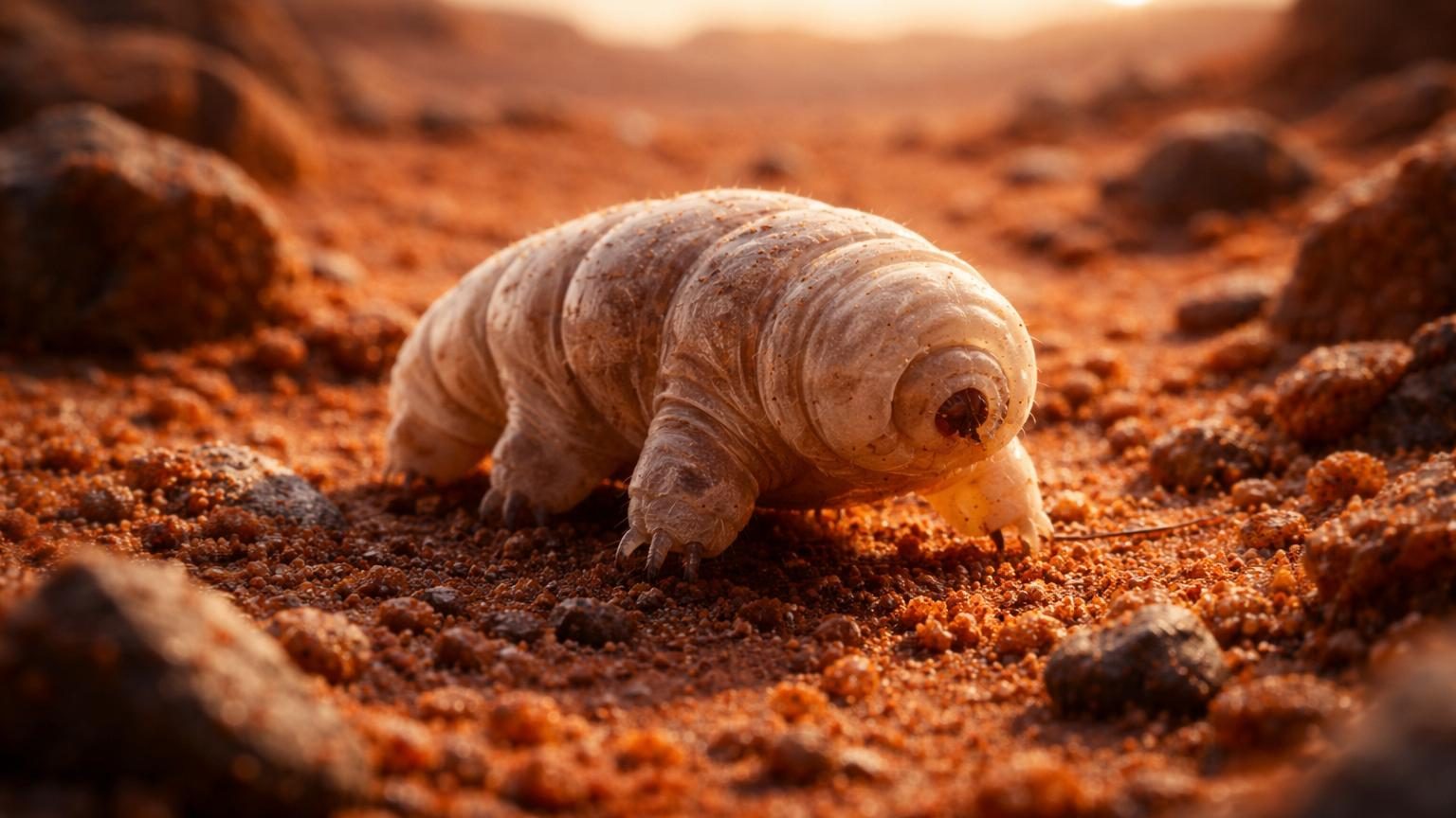 Tardigrade microscopique à huit pattes observé en gros plan, fondant sur une surface poudreuse simulant le régolithe martien.