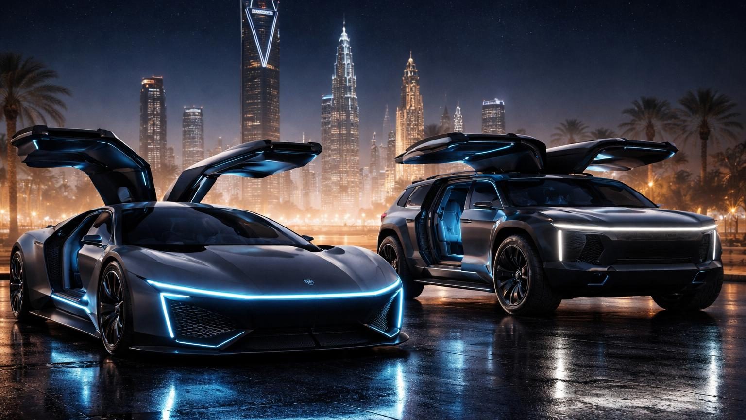 Deux prototypes automobiles électriques aux formes géométriques radicales et futuristes, aux portes papillon relevées, évoquant des vaisseaux spatiaux ou des engins de science-fiction, présentés dans un décor moderne.
