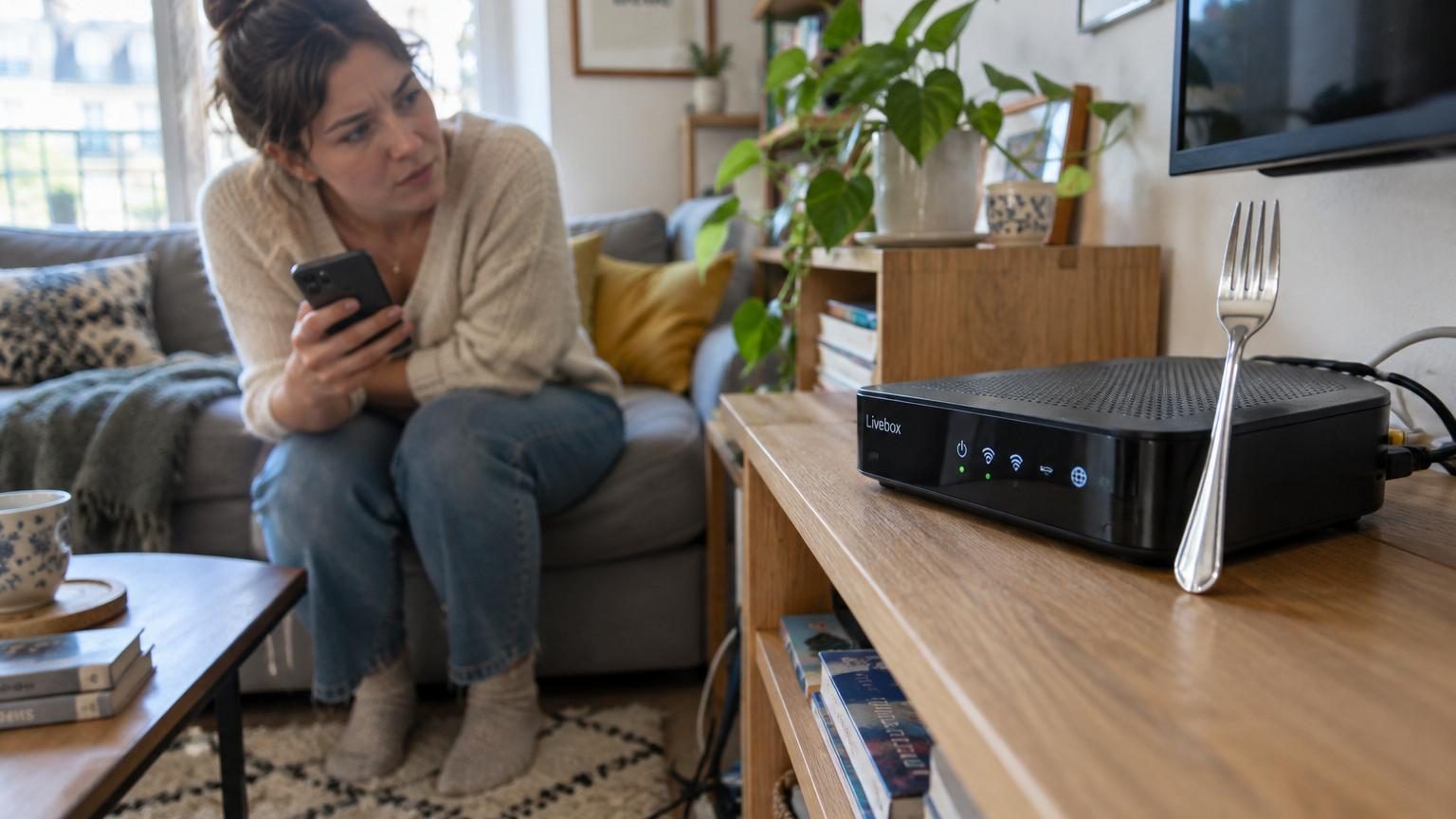 Fourchette métallique posée près d'une box internet, illustrant l'astuce virale censée renforcer le signal Wi-Fi.