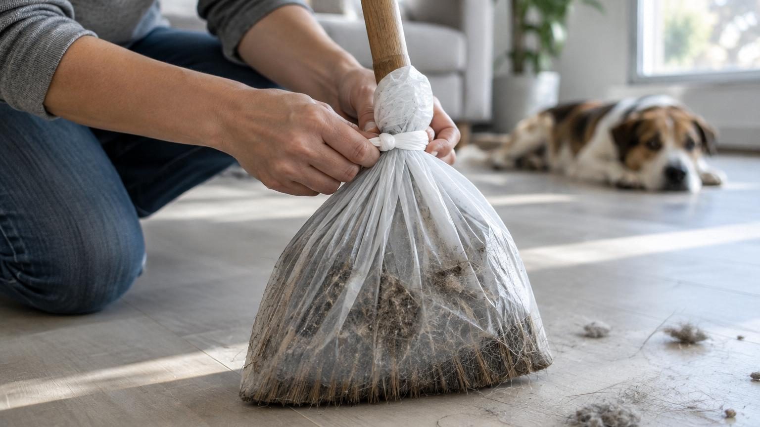 L'astuce qui surprend les experts du ménage : un simple sac plastique sur le balai capte poils et poussière fine grâce à l'électricité statique