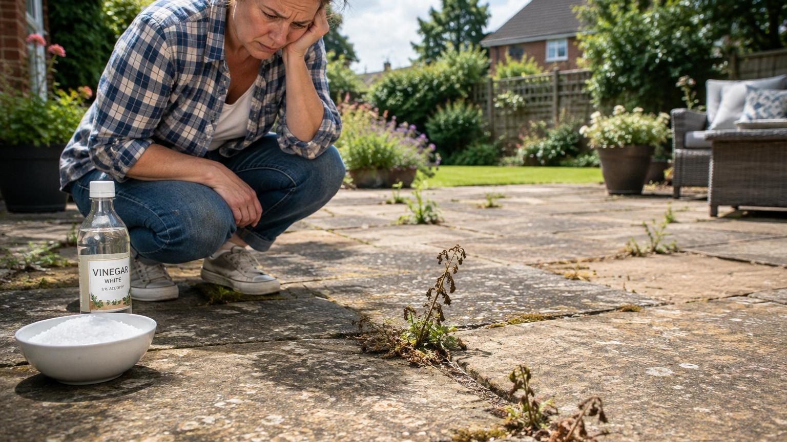 Gros plan sur des mauvaises herbes poussant entre des dalles de béton gris d'une terrasse extérieure.