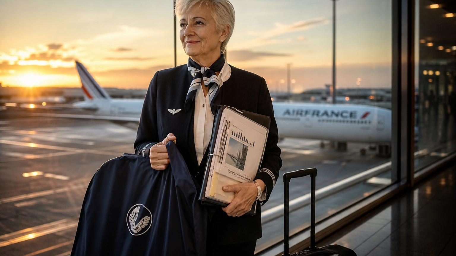 Femme d'âge mûr en uniforme d'hôtesse de l'air pliant délicatement sa housse bleue, symbolisant la fin d'une carrière de 32 ans dans l'aéronautique civile