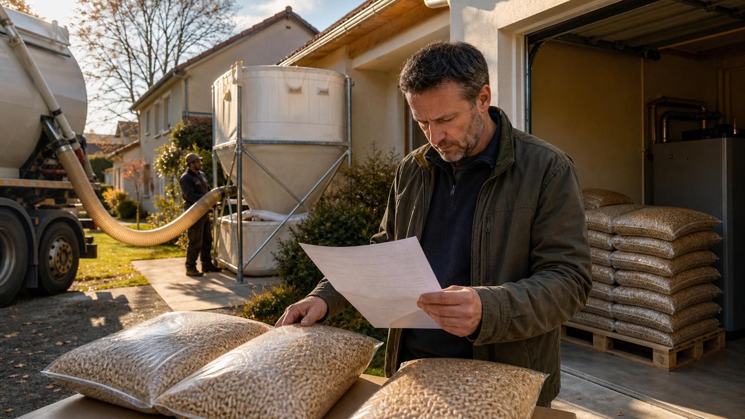 Sacs de granulés de bois empilés dans un entrepôt ou un espace de stockage couvert, illustrant les différentes options de conditionnement et de livraison