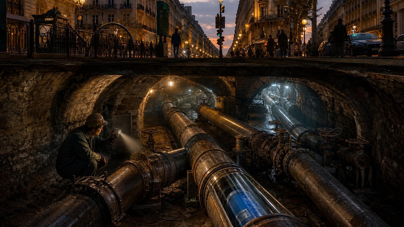 Schéma technique montrant un conduit pneumatique souterrain parisien avec cartouche cylindrique en transit, représentant l'infrastructure historique du poste pneumatique abandonnée depuis 1984.