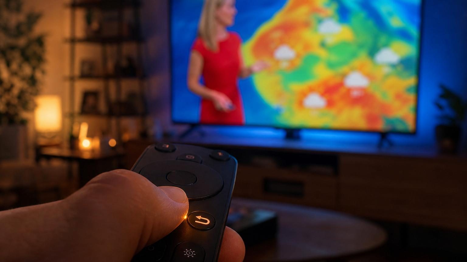 Gros plan d'une main tenant une télécommande noire, doigt pointé vers un petit bouton avec une flèche courbe parmi d'autres touches.