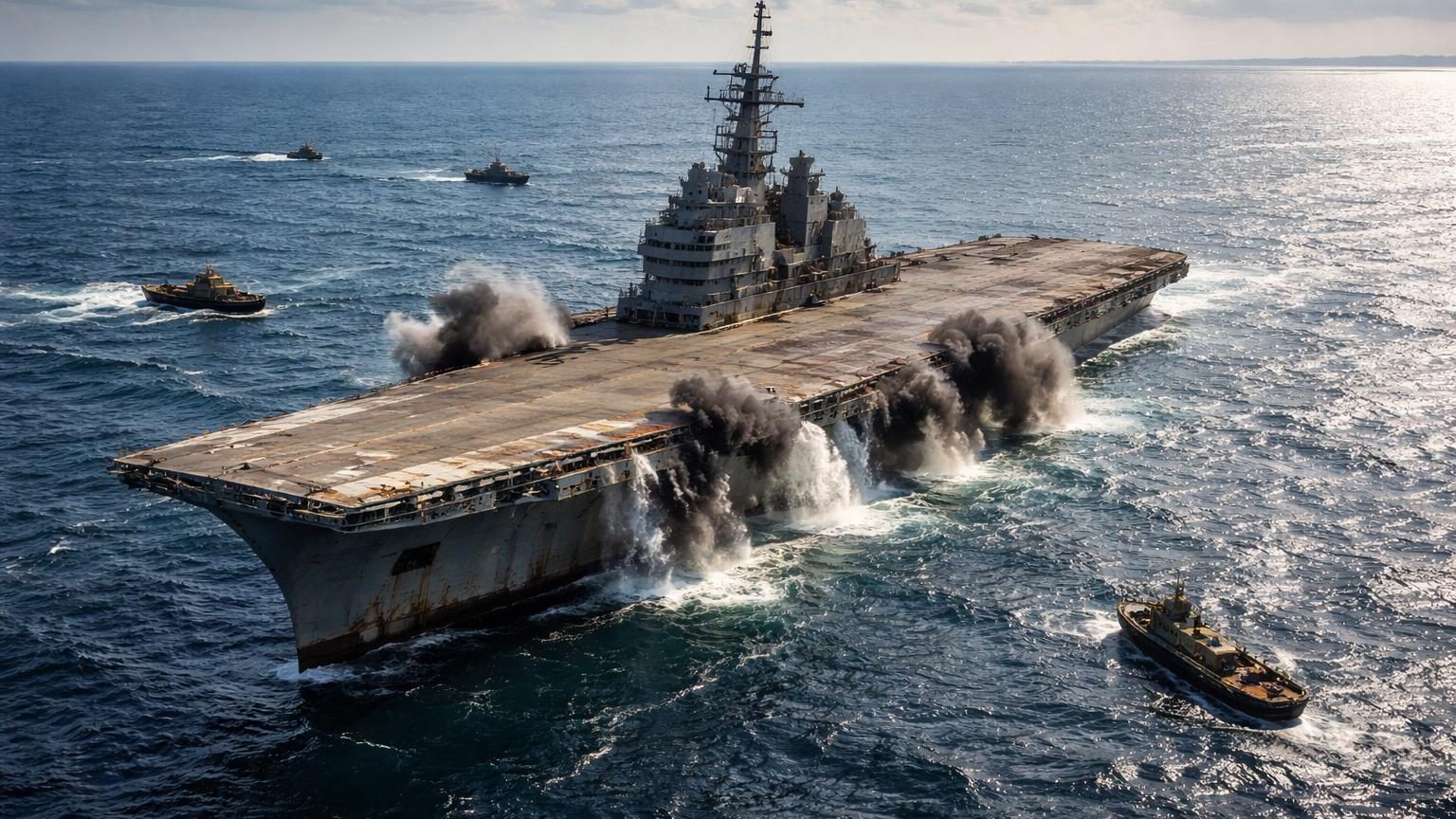 Porte-avions militaire ancien rouillé en haute mer, remorqué loin des côtes en attente de son sort