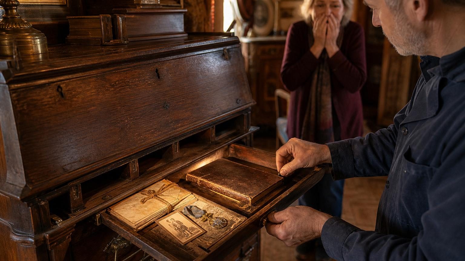 Un vieux bureau en noyer avec quatre tiroirs et un plateau épais, meuble familial du début du XXe siècle révélant un compartiment secret masqué derrière une façade étroite.